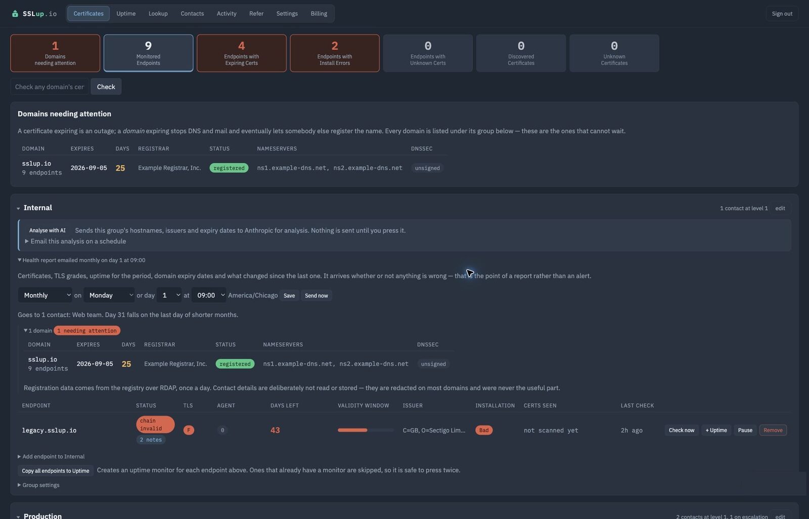 The certificate dashboard: endpoints grouped by client, days remaining, and what changed